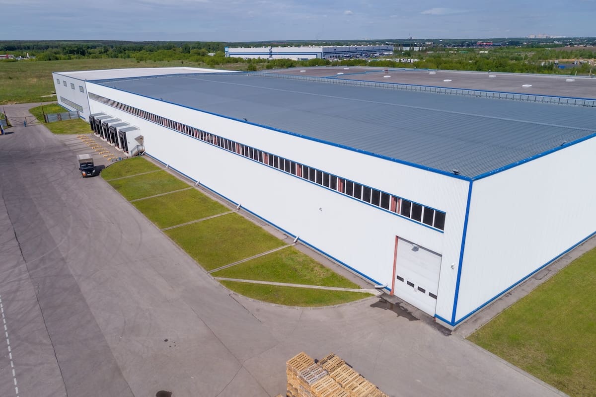 warehouse building from the height, summer, a platform for transport