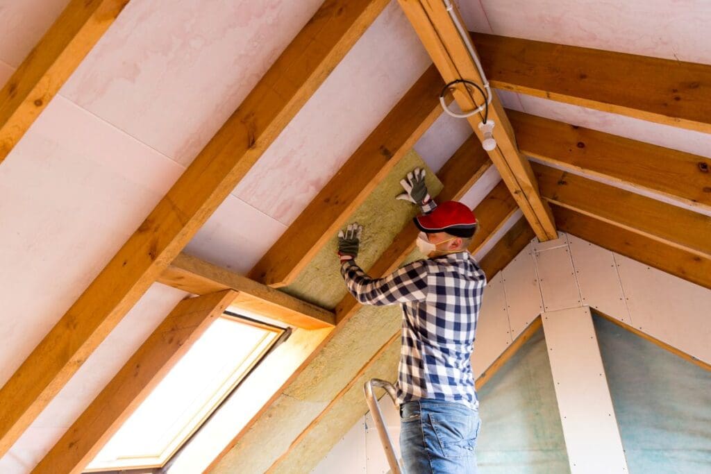 roof insulation worker holding panels