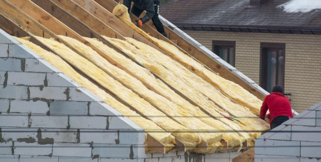 roof insulation workers installing material outside house