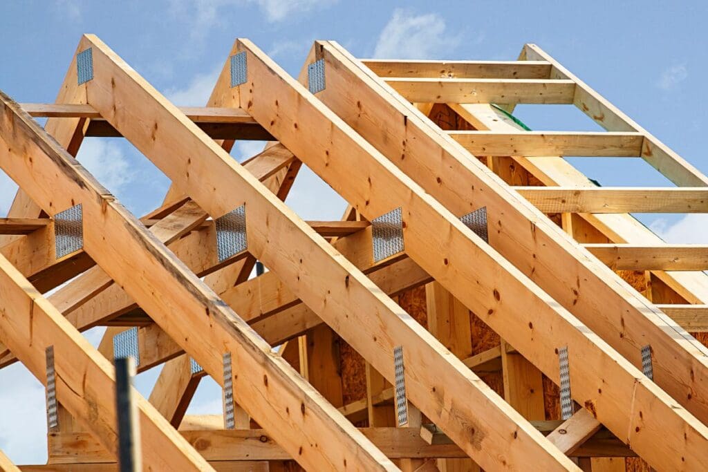 roof trusses wooden blue sky