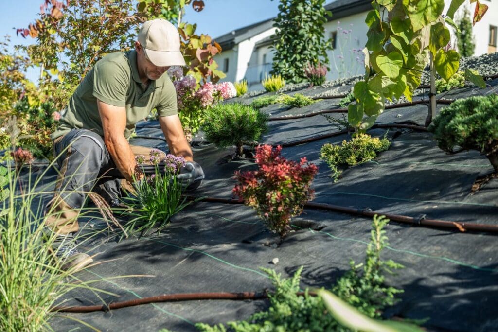 green roof maintenance worker fixing plants