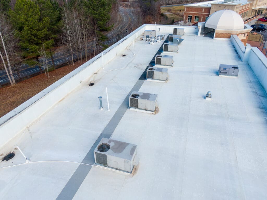 built up roofing system aerial view of tpo roof