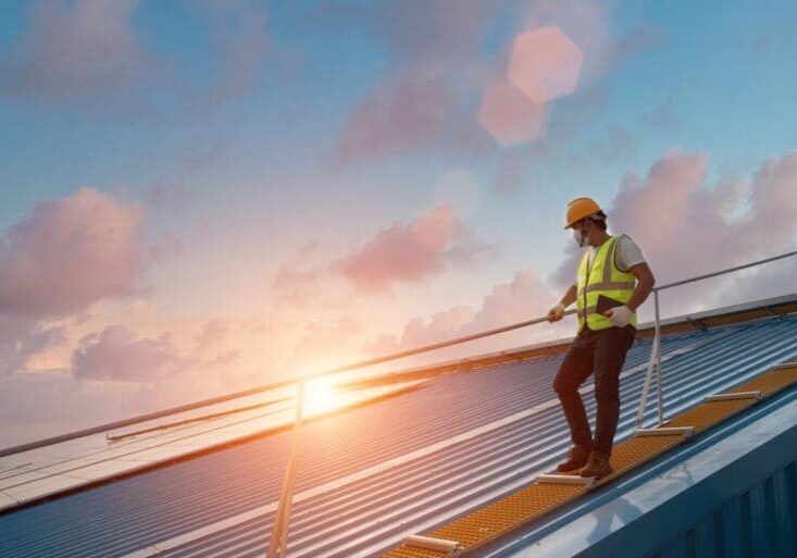 commercial roof preventative maintenance worker walking on top of metallic roof with rope